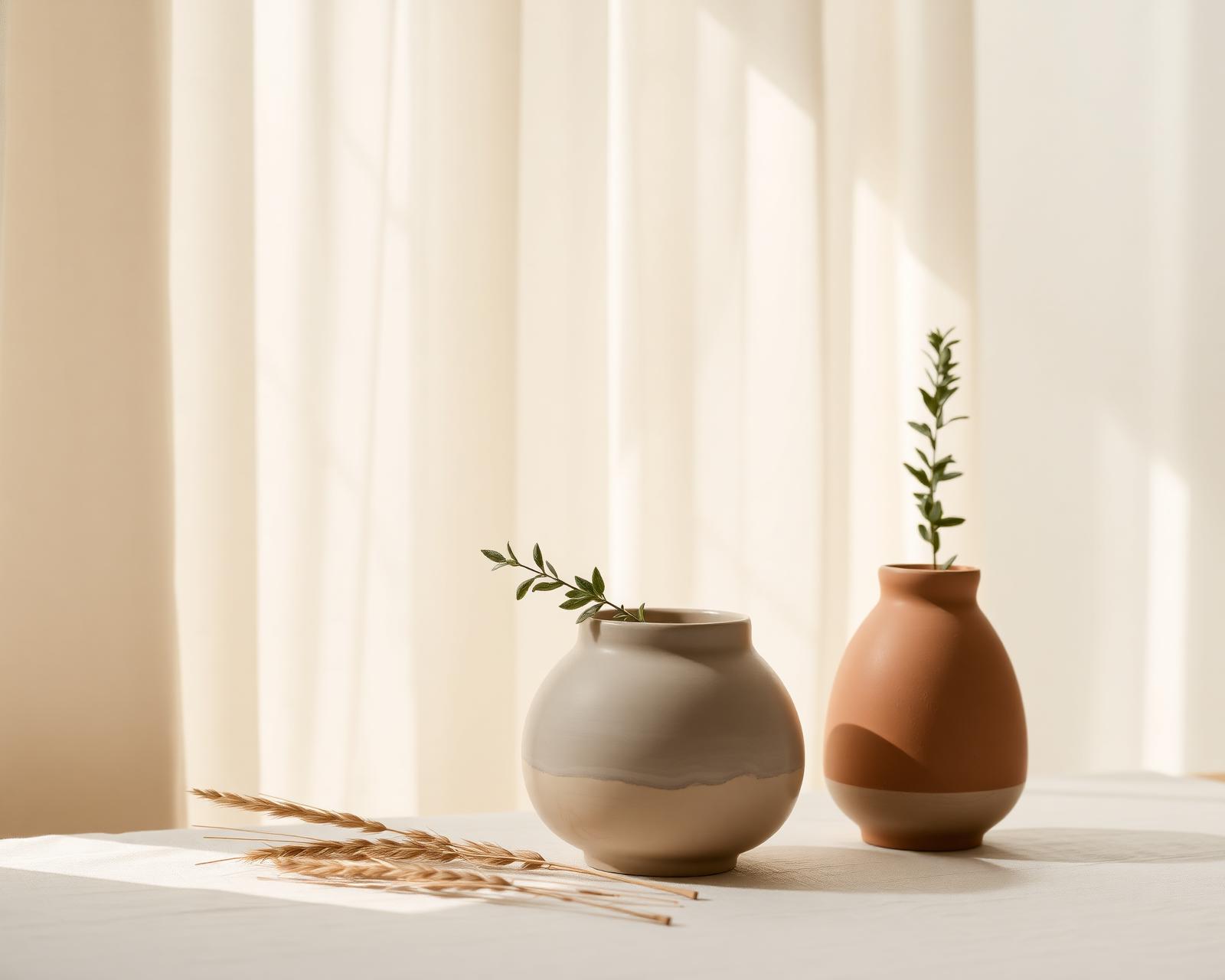 Composição orgânica com vasos cerâmicos e sálvia em luz natural