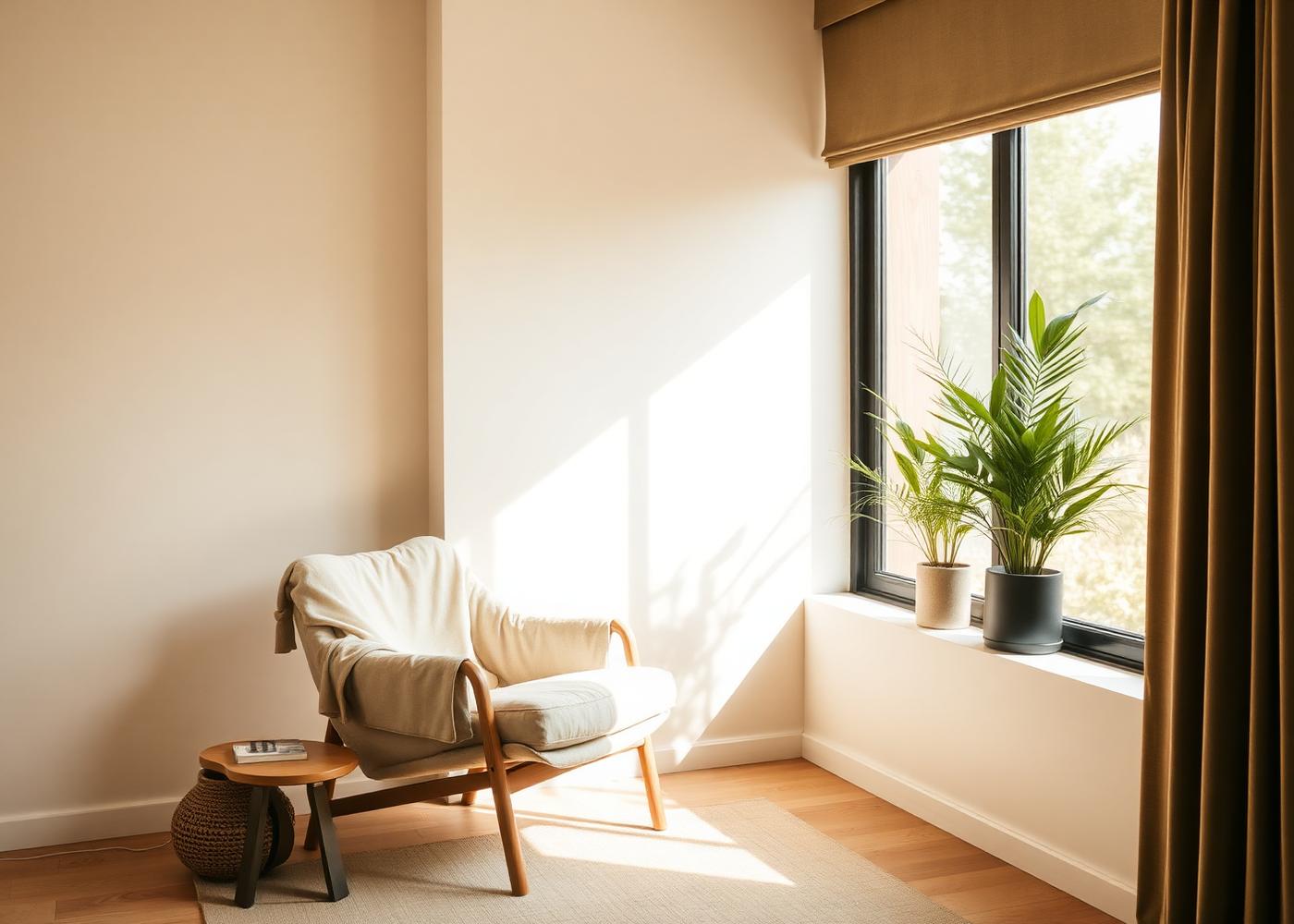Espaço terapêutico acolhedor com poltrona de linho e iluminação natural suave